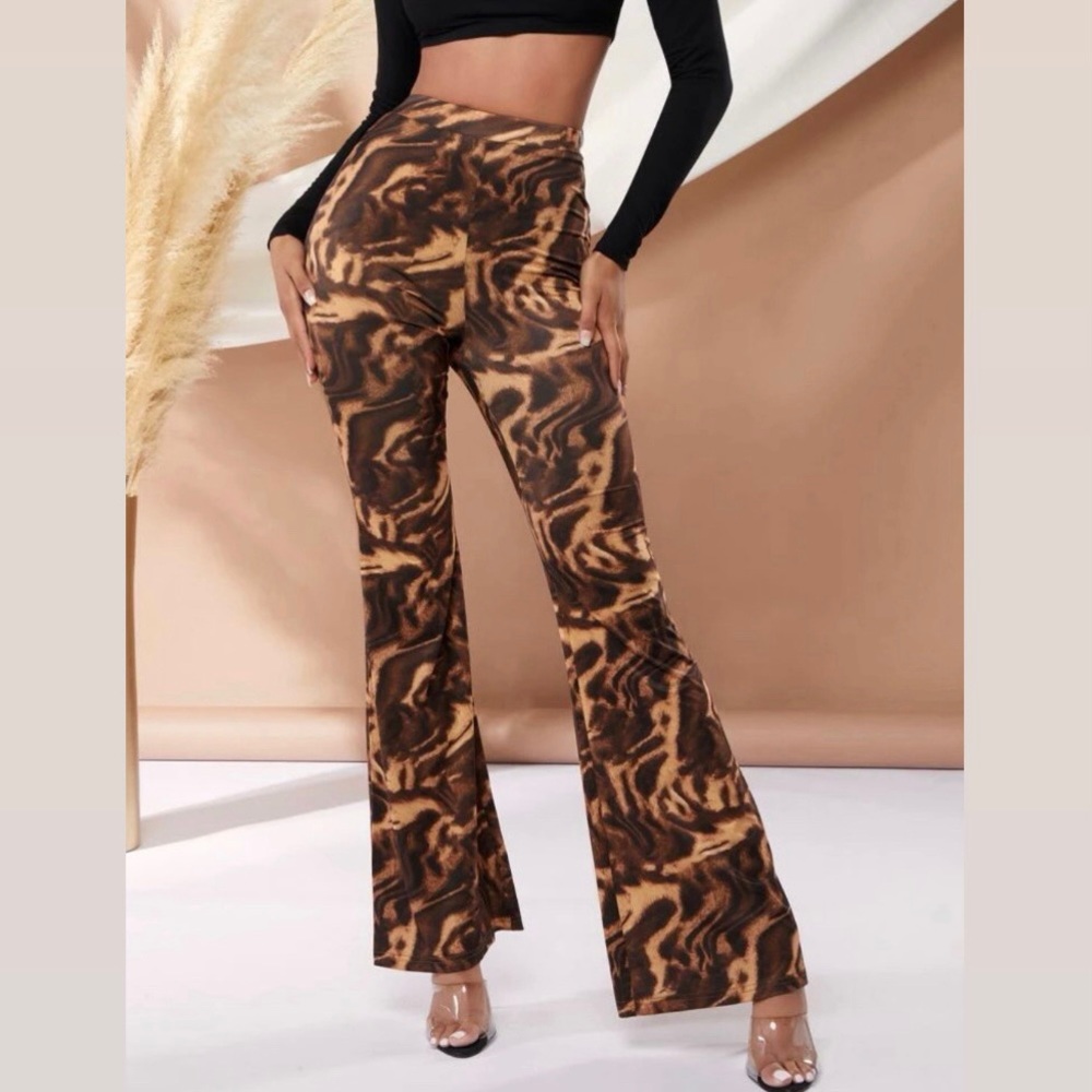 Brown Marble Print Flare Pants